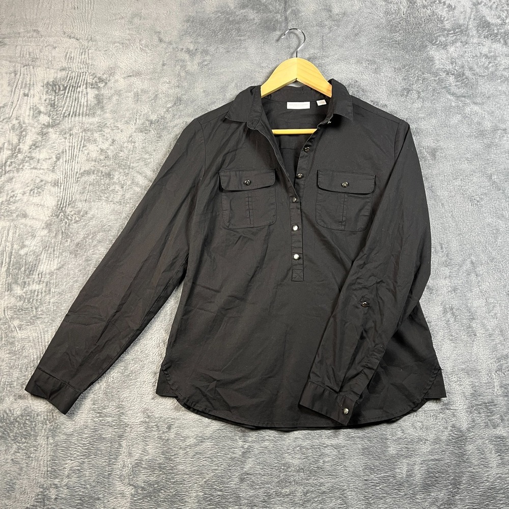 New York & Company Popover Shirt Womens S Black Stretch Roll Tab Sleeve Collared